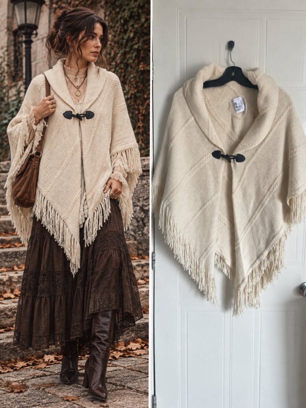 Charter Club Cream Cable Knit Poncho Cape Toggle Fringe Asymmetric Boho OS